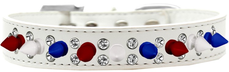 Double Crystal with Red, White and Blue Spikes Dog Collar White Size 18